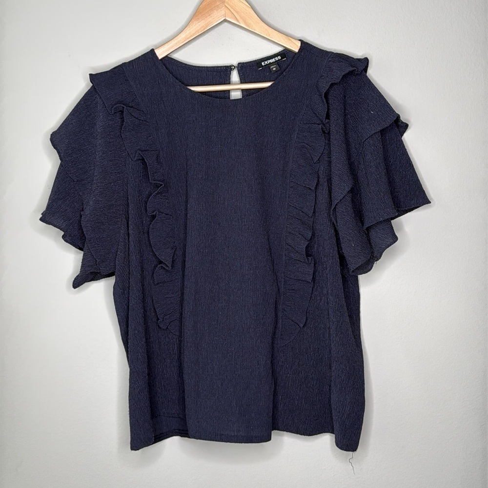 EXPRESS Crepe Ruffle Short Sleeve Blouse in Navy Size XL EUC